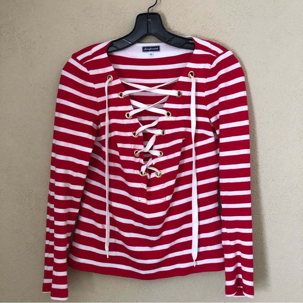 Lena Hoschek "AHOY!" Naughtical Top red and white striped lace up size small